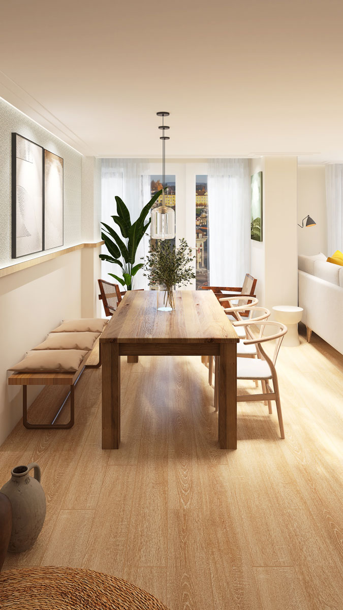 comedor natural elegante madera silla wishbone banco comedor planta naturaleza studio stilo